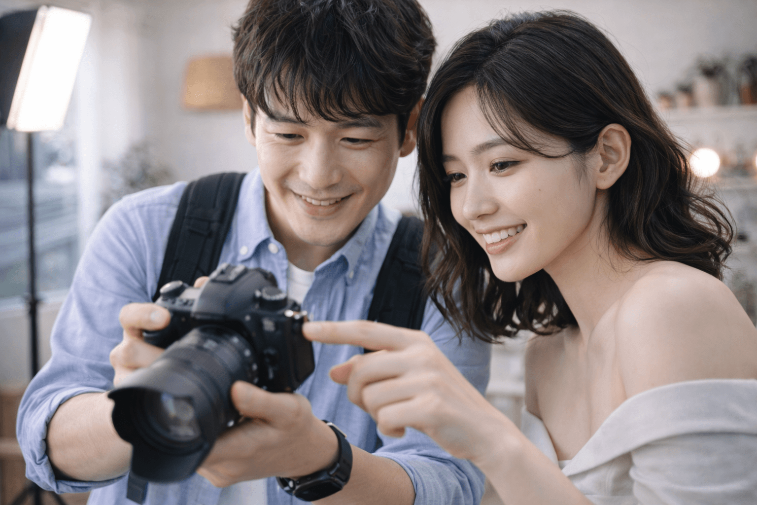 撮影者とモデルが撮影写真を確認している様子
