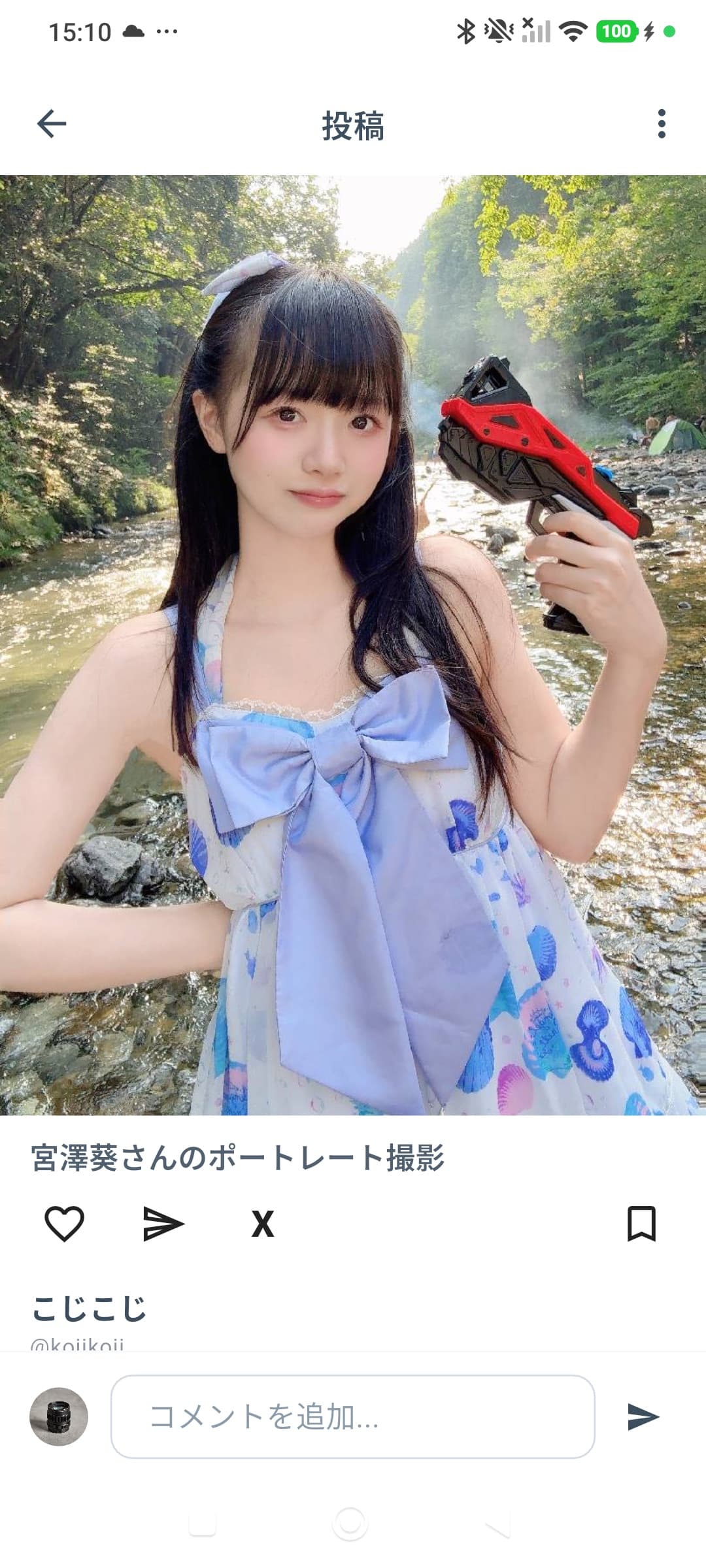 撮影者として公開した投稿の詳細画面。写真の下に作品タイトルと、いいね・リポスト・共有・ブックマークのボタンが並んでいる